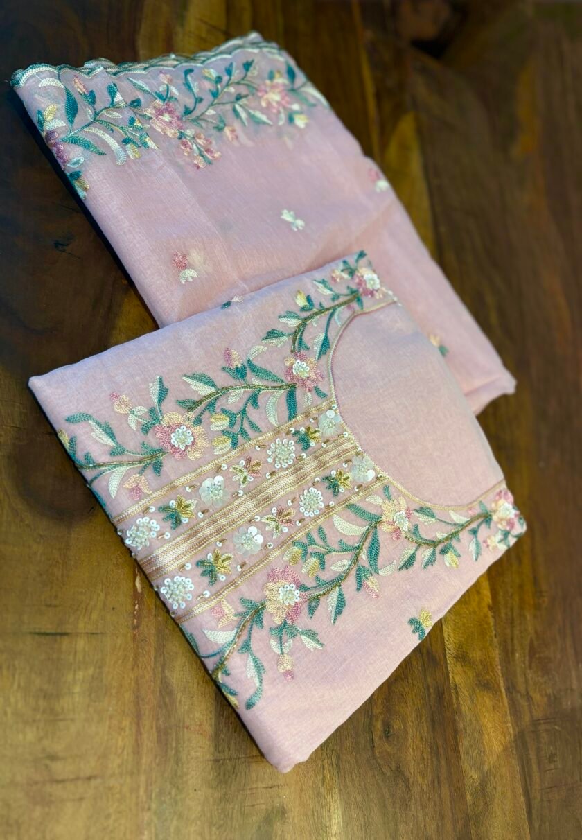 Floral Embroidered Mul Chanderi Salwars with hand highlights by Ikhtirah (Pink) - Image 7