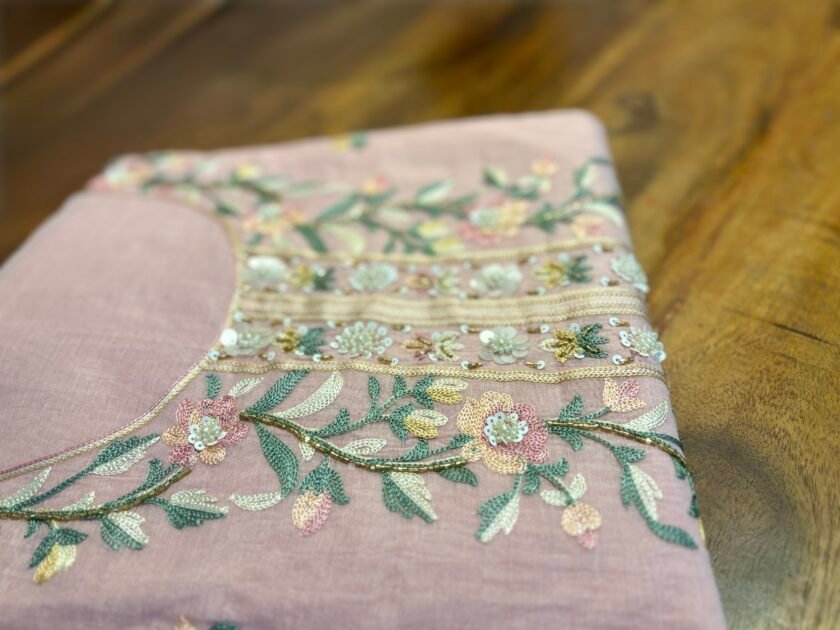 Floral Embroidered Mul Chanderi Salwars with hand highlights by Ikhtirah (Pink) - Image 6