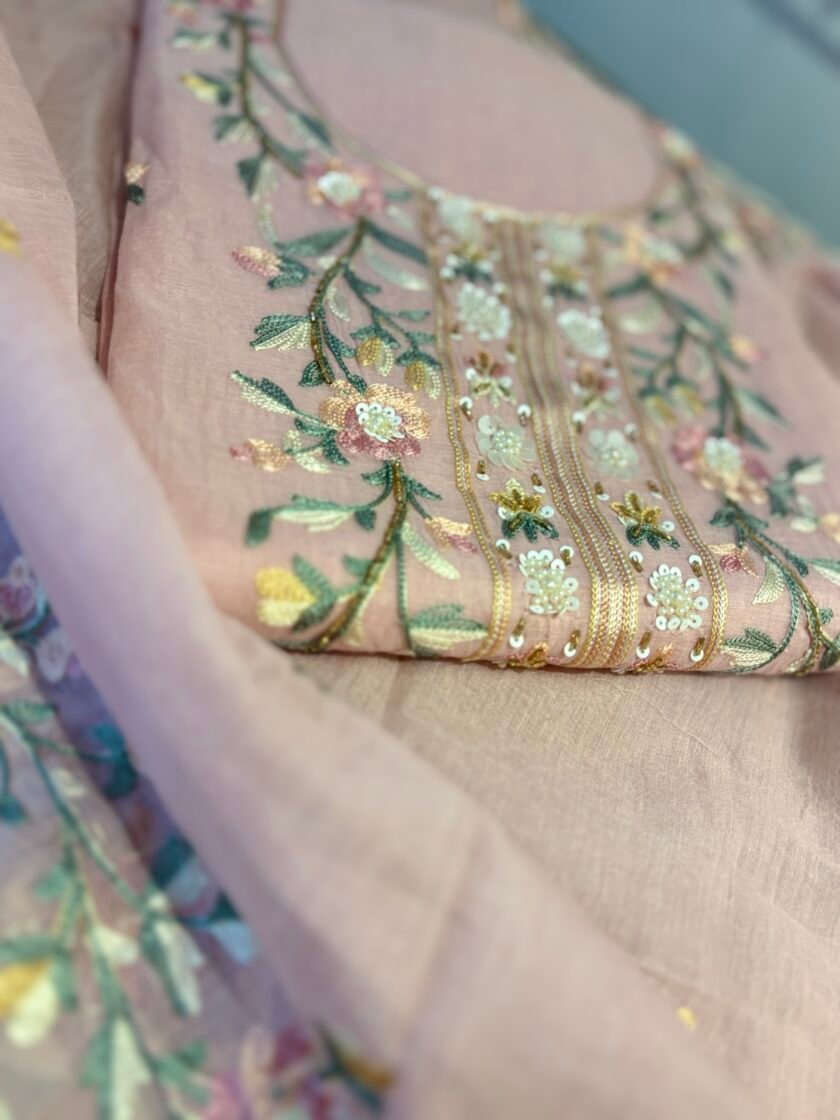 Floral Embroidered Mul Chanderi Salwars with hand highlights by Ikhtirah (Pink) - Image 2
