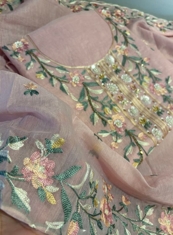 Floral Embroidered Mul Chanderi Salwars with hand highlights by Ikhtirah (Pink)
