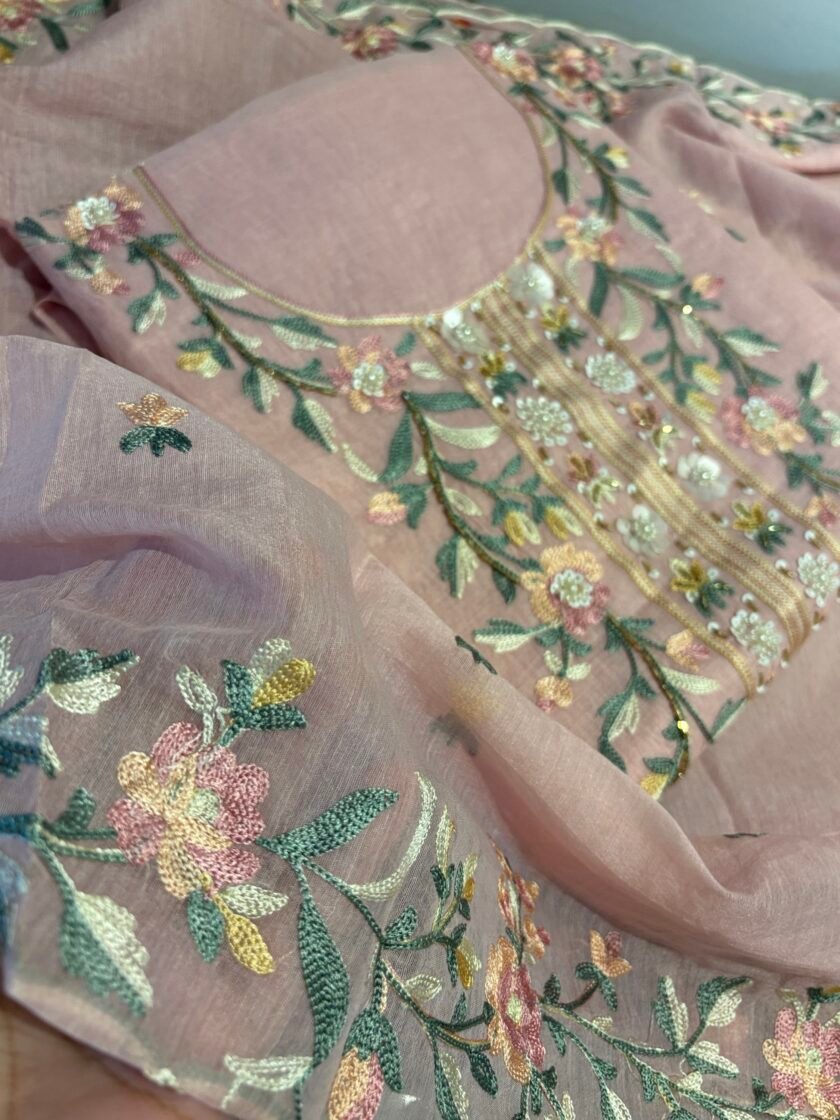 Floral Embroidered Mul Chanderi Salwars with hand highlights by Ikhtirah (Pink)
