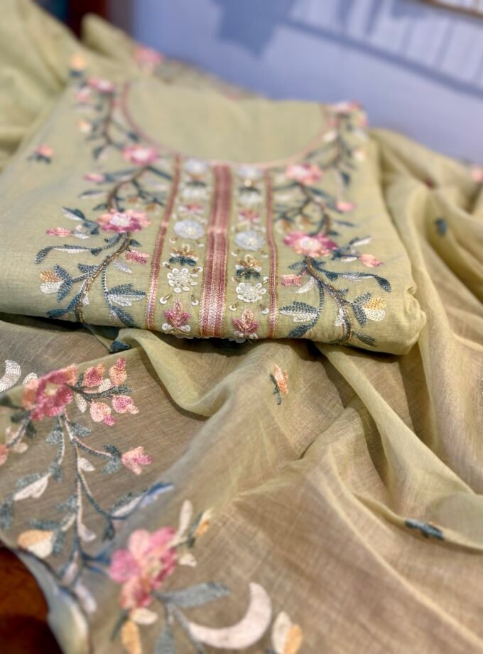 Floral Embroidered Mul Chanderi Salwars with hand highlights by Ikhtirah (Green)