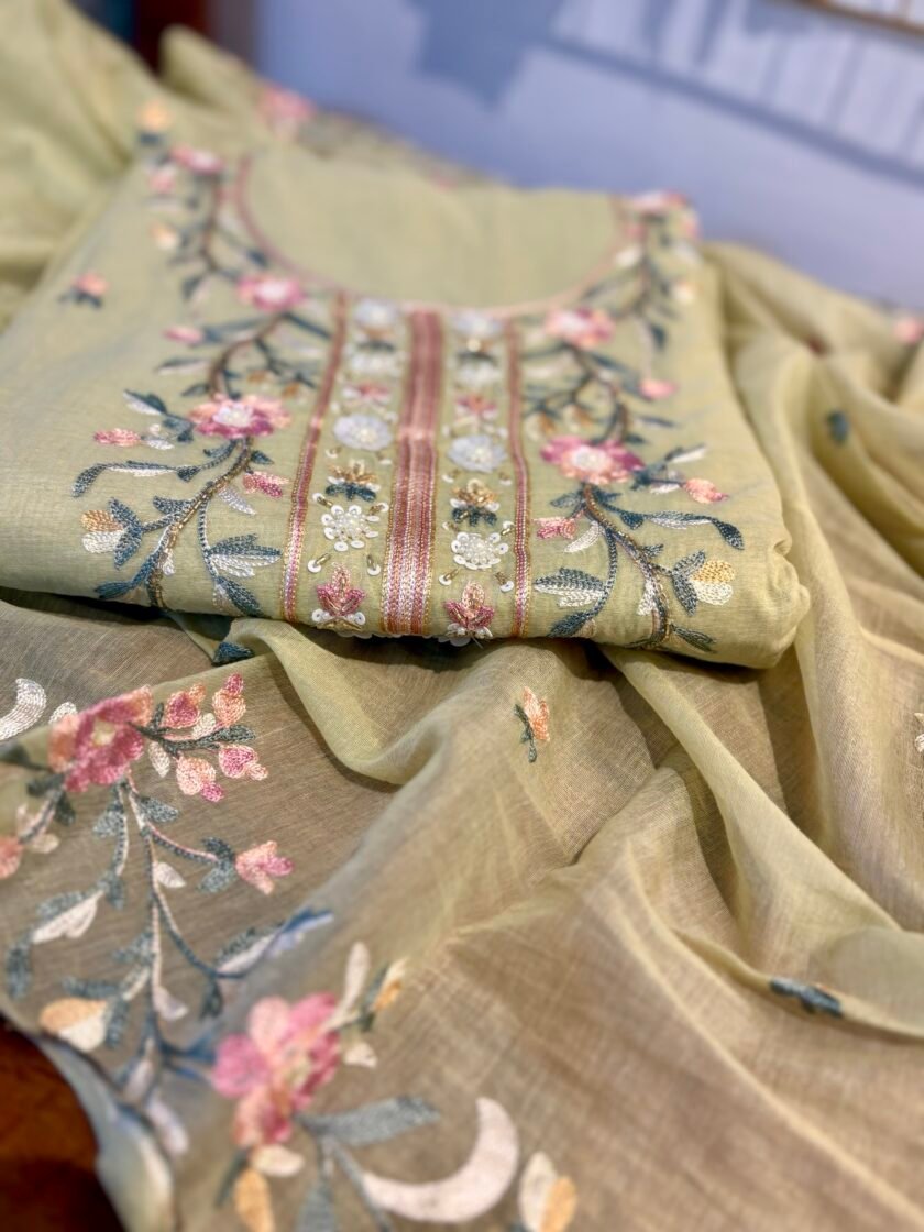 Floral Embroidered Mul Chanderi Salwars with hand highlights by Ikhtirah (Green)
