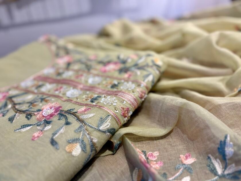 Floral Embroidered Mul Chanderi Salwars with hand highlights by Ikhtirah (Green) - Image 4