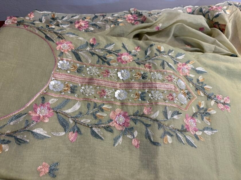 Floral Embroidered Mul Chanderi Salwars with hand highlights by Ikhtirah (Green) - Image 3