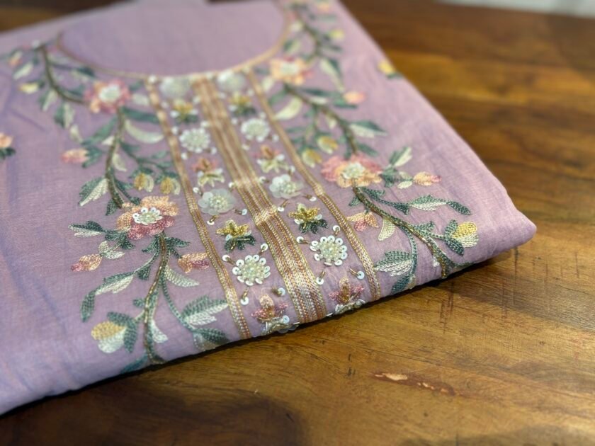Floral Embroidered Mul Chanderi Salwars with hand highlights by Ikhtirah (Lavender) - Image 5