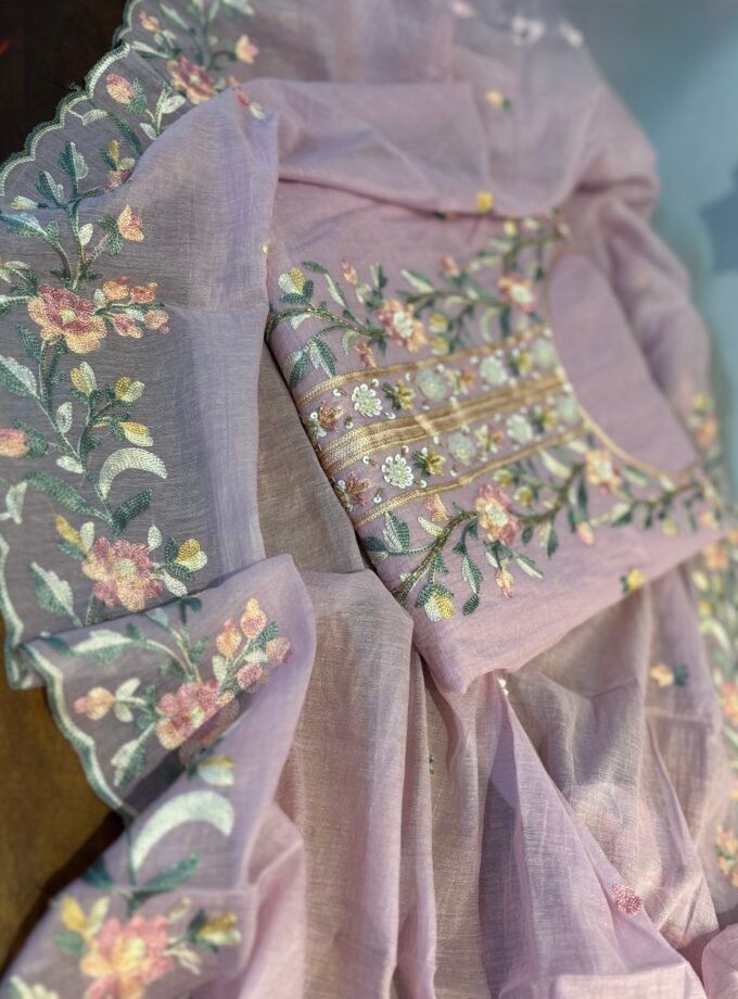 Floral Embroidered Mul Chanderi Salwars with hand highlights by Ikhtirah (Lavender)