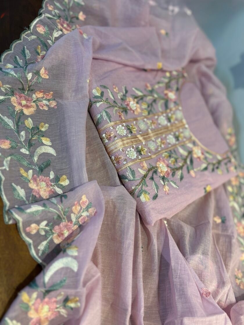 Floral Embroidered Mul Chanderi Salwars with hand highlights by Ikhtirah (Lavender)