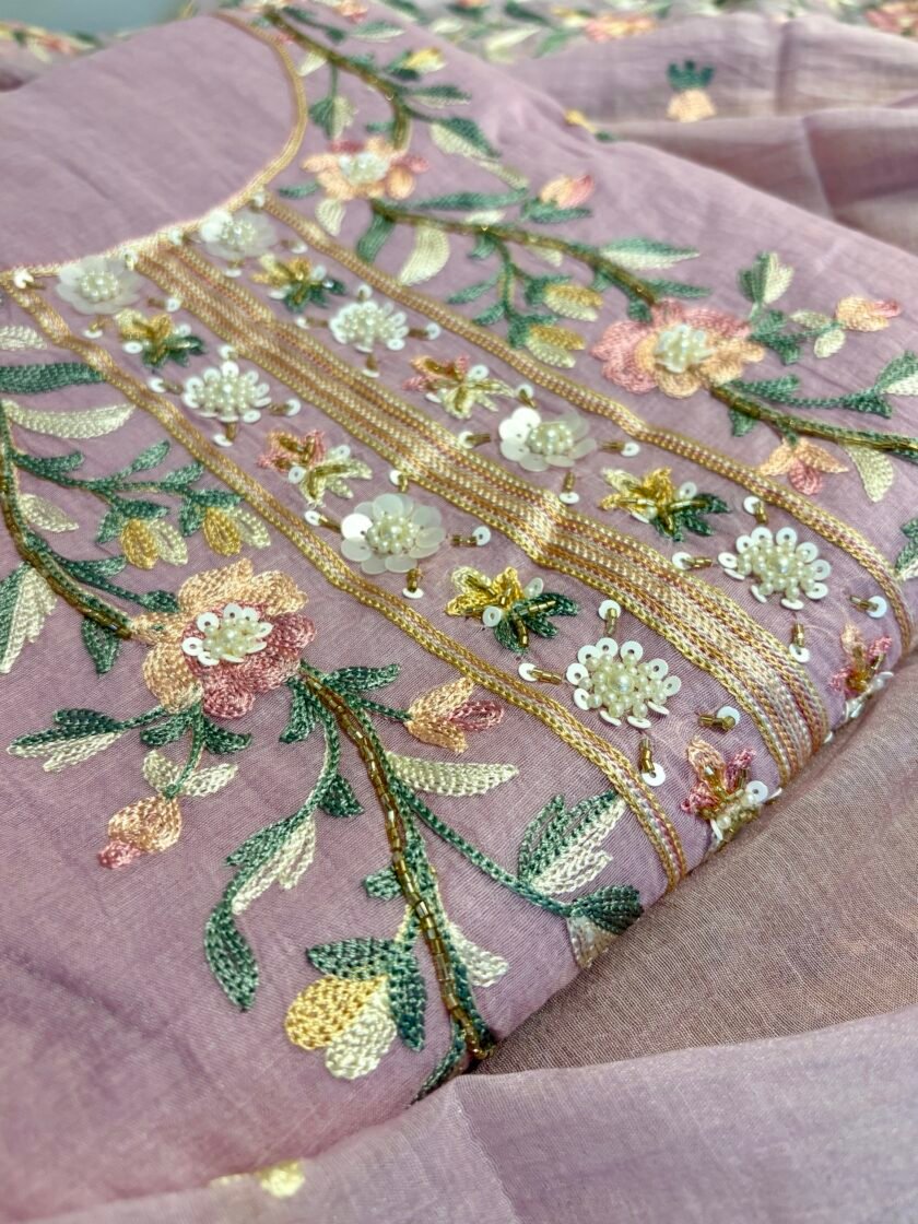 Floral Embroidered Mul Chanderi Salwars with hand highlights by Ikhtirah (Lavender) - Image 2