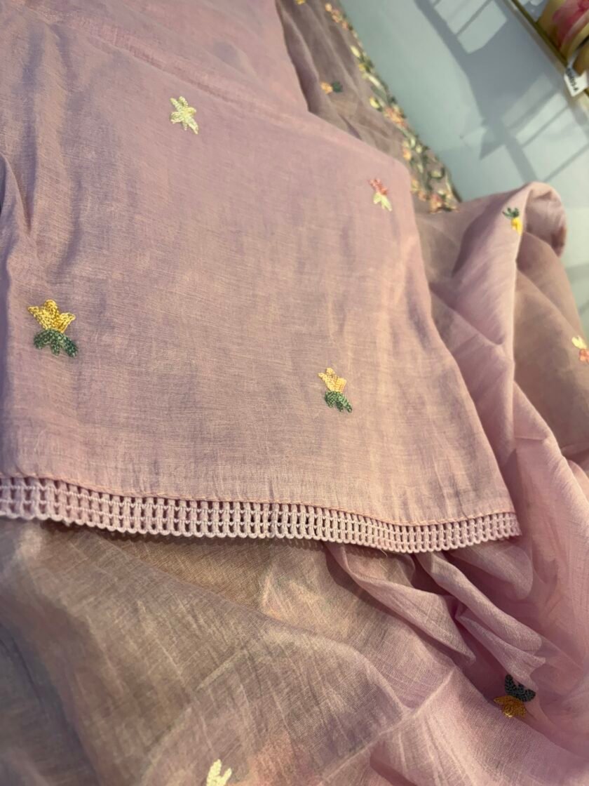 Floral Embroidered Mul Chanderi Salwars with hand highlights by Ikhtirah (Lavender) - Image 4