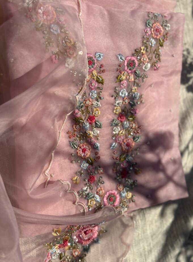 Hand Embroidered 3D Floral Organza by Organza Salwars by Ikhtirah (onion pink)
