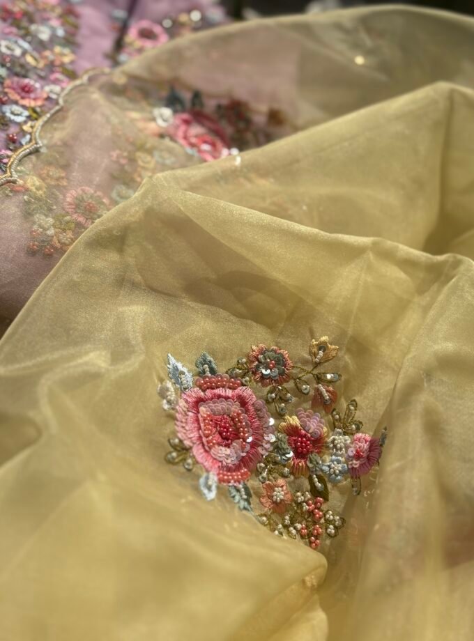 Hand Embroidered 3D Floral Organza by Organza Salwars by Ikhtirah (yellow)