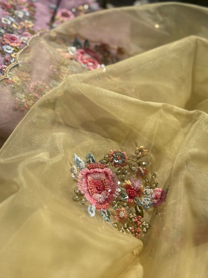 Hand Embroidered 3D Floral Organza by Organza Salwars by Ikhtirah (yellow) - Image 2