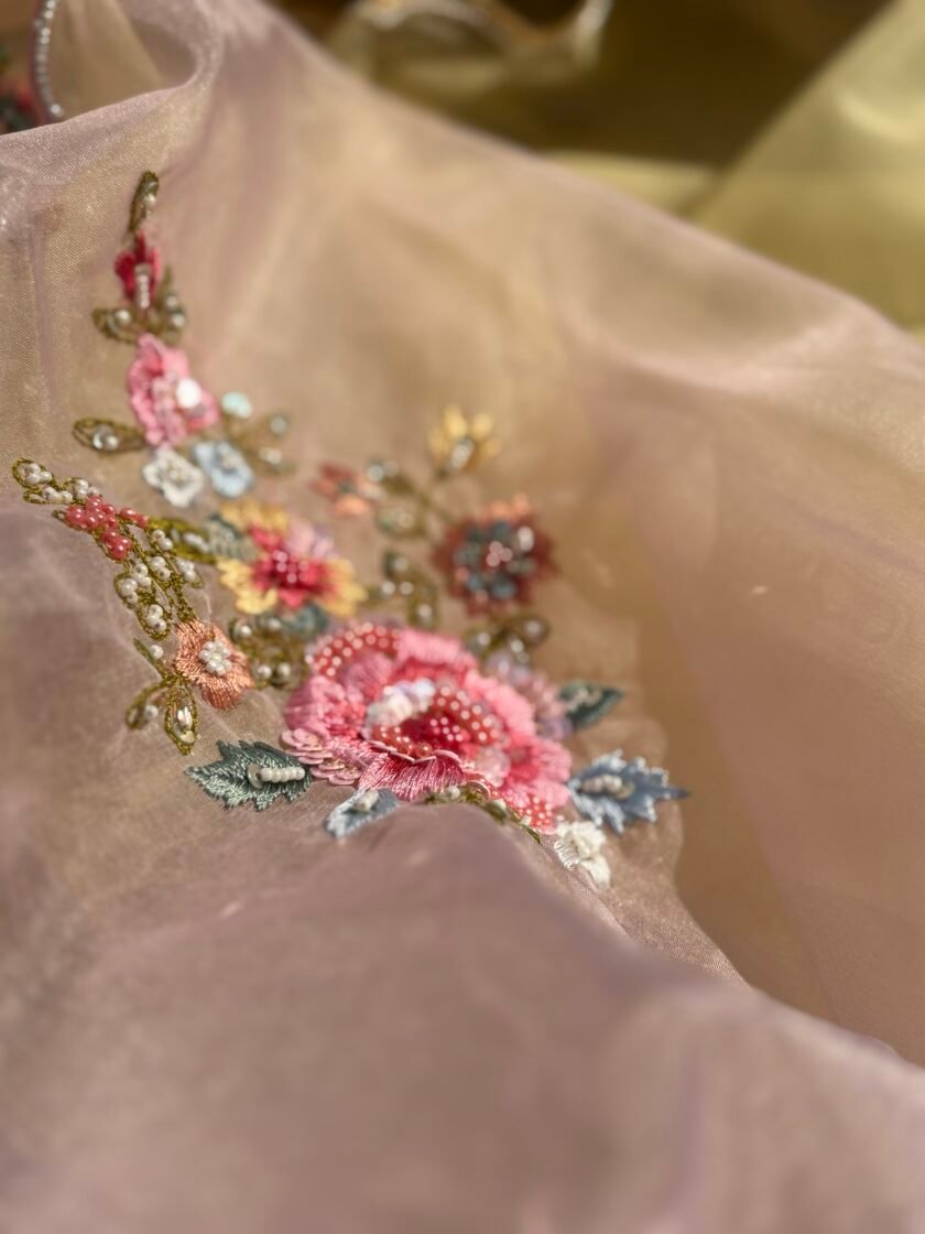 Hand Embroidered 3D Floral Organza by Organza Salwars by Ikhtirah (onion pink) - Image 3