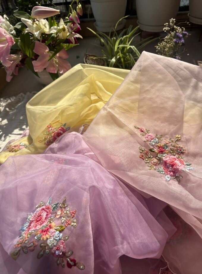 Hand Embroidered 3D Floral Organza by Organza Salwars by Ikhtirah (onion pink)