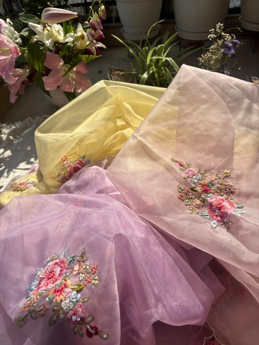 Hand Embroidered 3D Floral Organza by Organza Salwars by Ikhtirah (onion pink) - Image 2