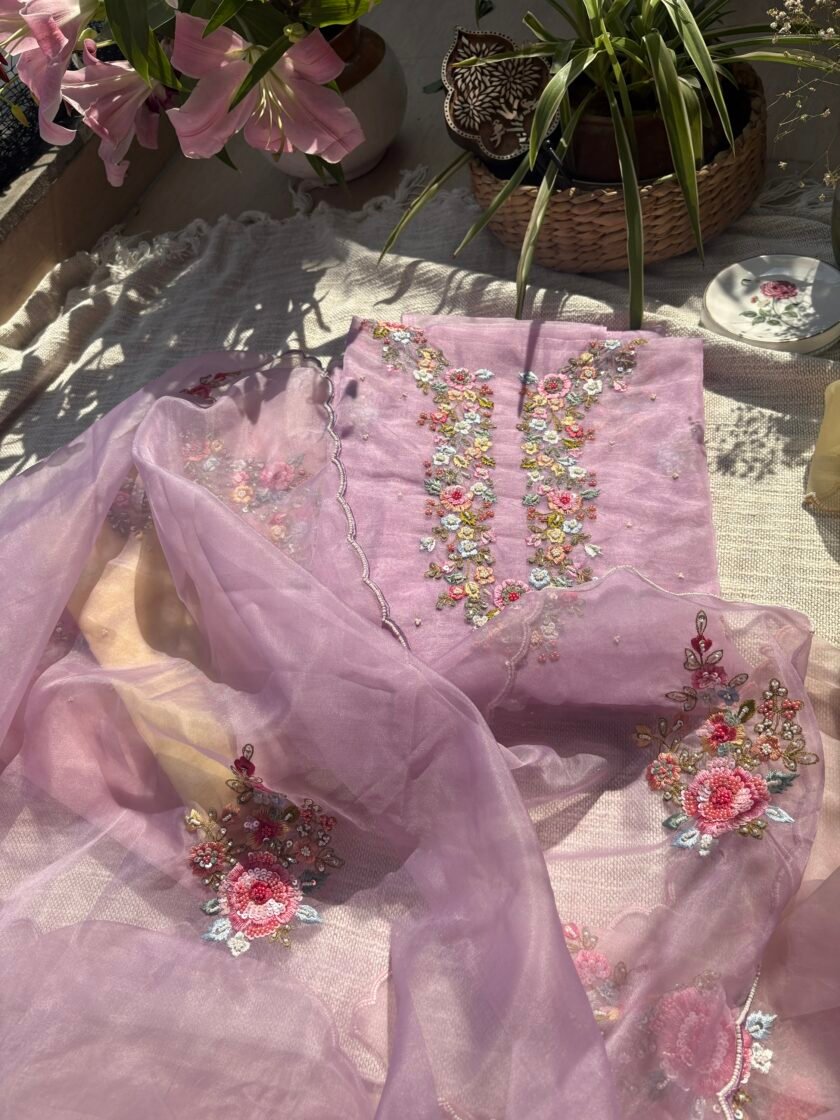 Hand Embroidered 3D Floral Organza by Organza Salwars by Ikhtirah (lavender) - Image 2