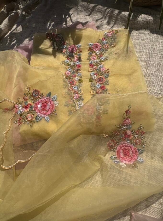 Hand Embroidered 3D Floral Organza by Organza Salwars by Ikhtirah (yellow)