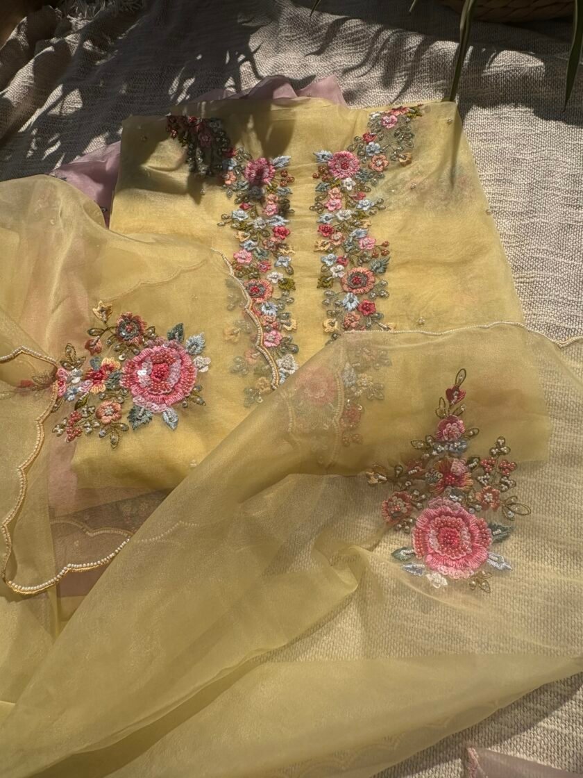 Hand Embroidered 3D Floral Organza by Organza Salwars by Ikhtirah (yellow)