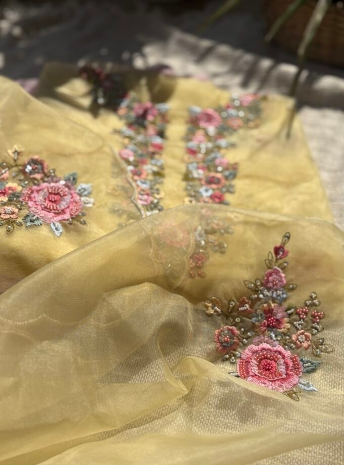 Hand Embroidered 3D Floral Organza by Organza Salwars by Ikhtirah (yellow)