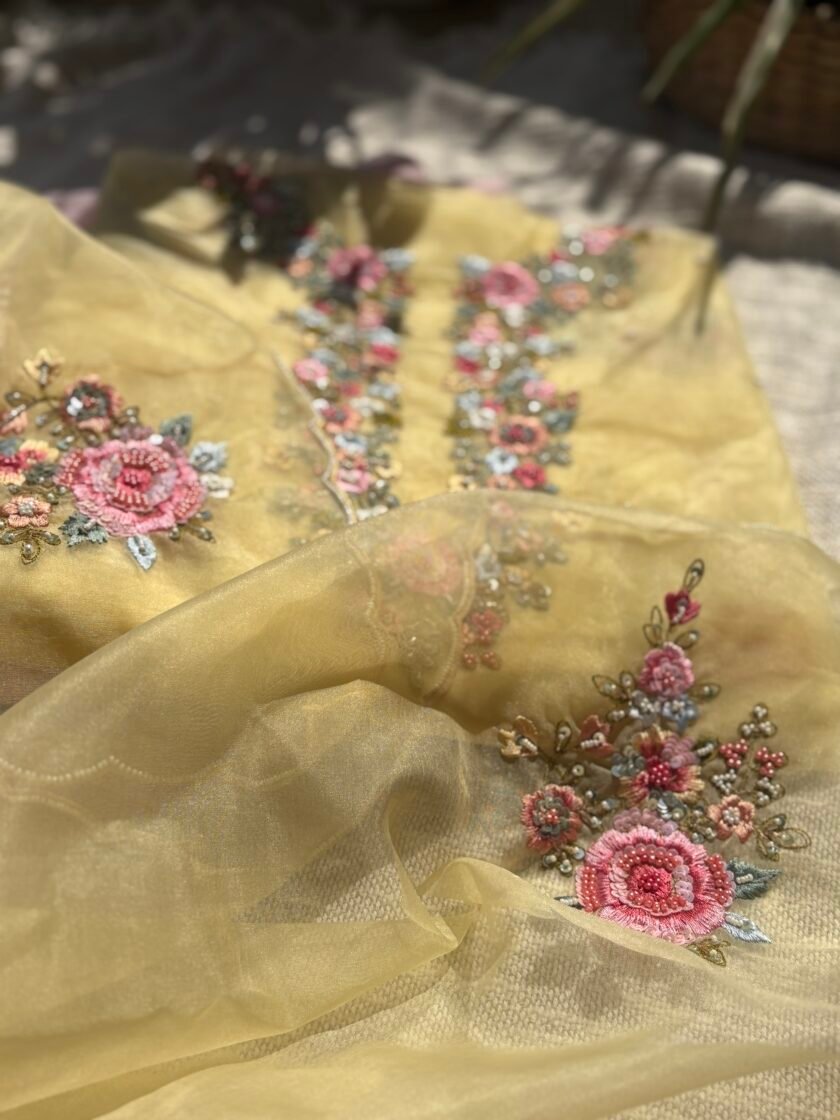 Hand Embroidered 3D Floral Organza by Organza Salwars by Ikhtirah (yellow) - Image 3