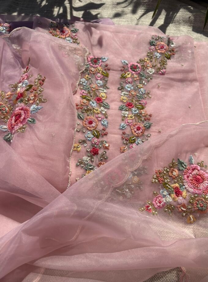 Hand Embroidered 3D Floral Organza by Organza Salwars by Ikhtirah  (Pink)
