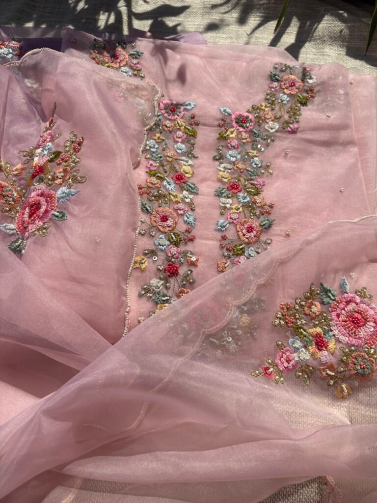 Hand Embroidered 3D Floral Organza by Organza Salwars by Ikhtirah  (Pink)