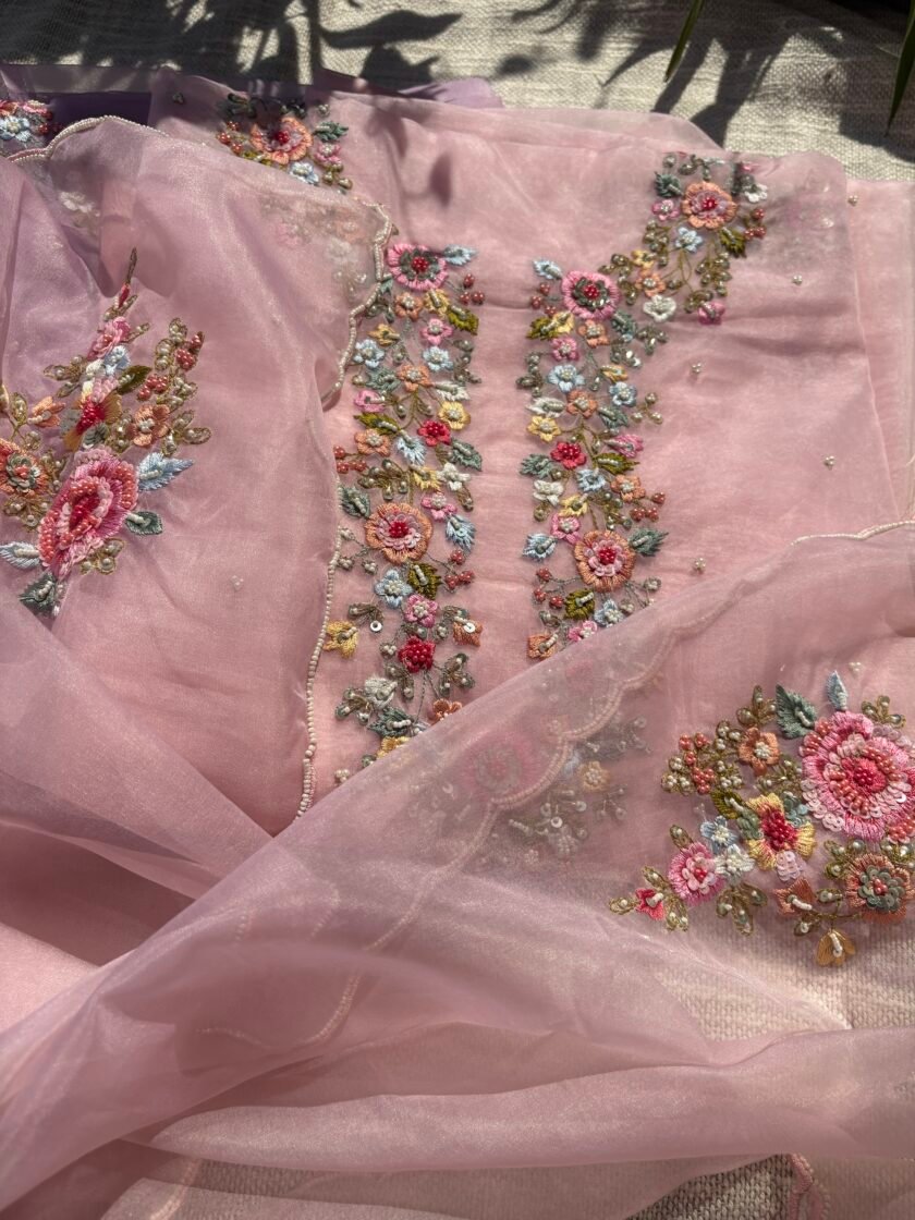 Hand Embroidered 3D Floral Organza by Organza Salwars by Ikhtirah  (Pink)