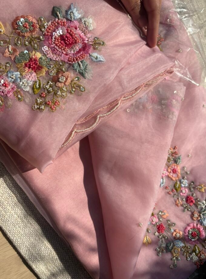 Hand Embroidered 3D Floral Organza by Organza Salwars by Ikhtirah (Pink)
