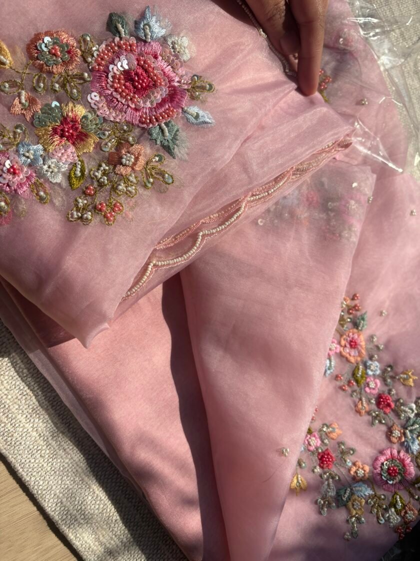 Hand Embroidered 3D Floral Organza by Organza Salwars by Ikhtirah  (Pink) - Image 3