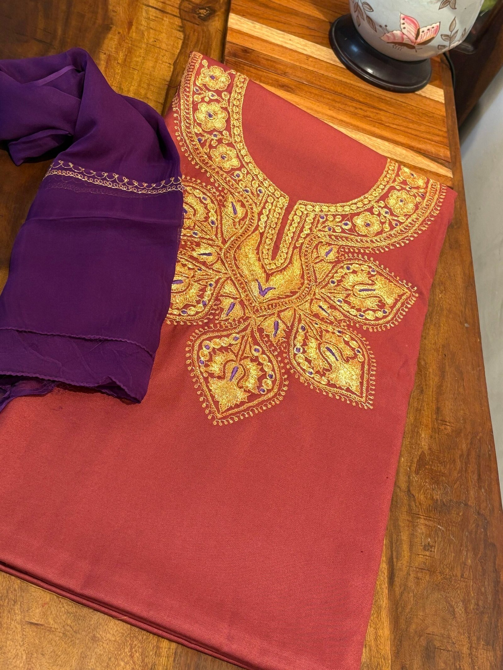 Tilla Embroidery Woollen Spun Salwar Suits with Chiffon Dupatta by Ikhtirah