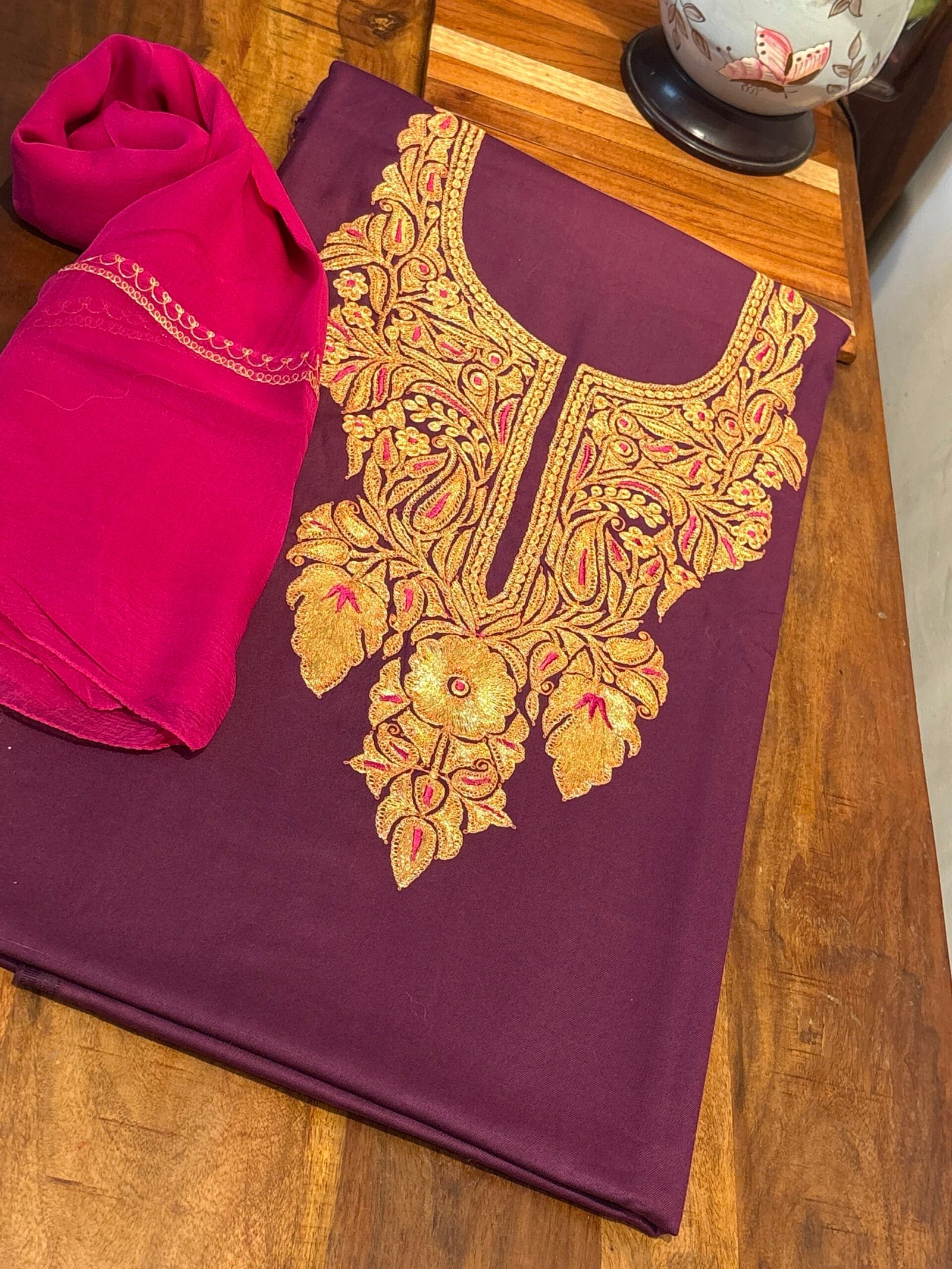 Tilla Embroidery Woollen Spun Salwar Suits with Chiffon Dupatta by Ikhtirah