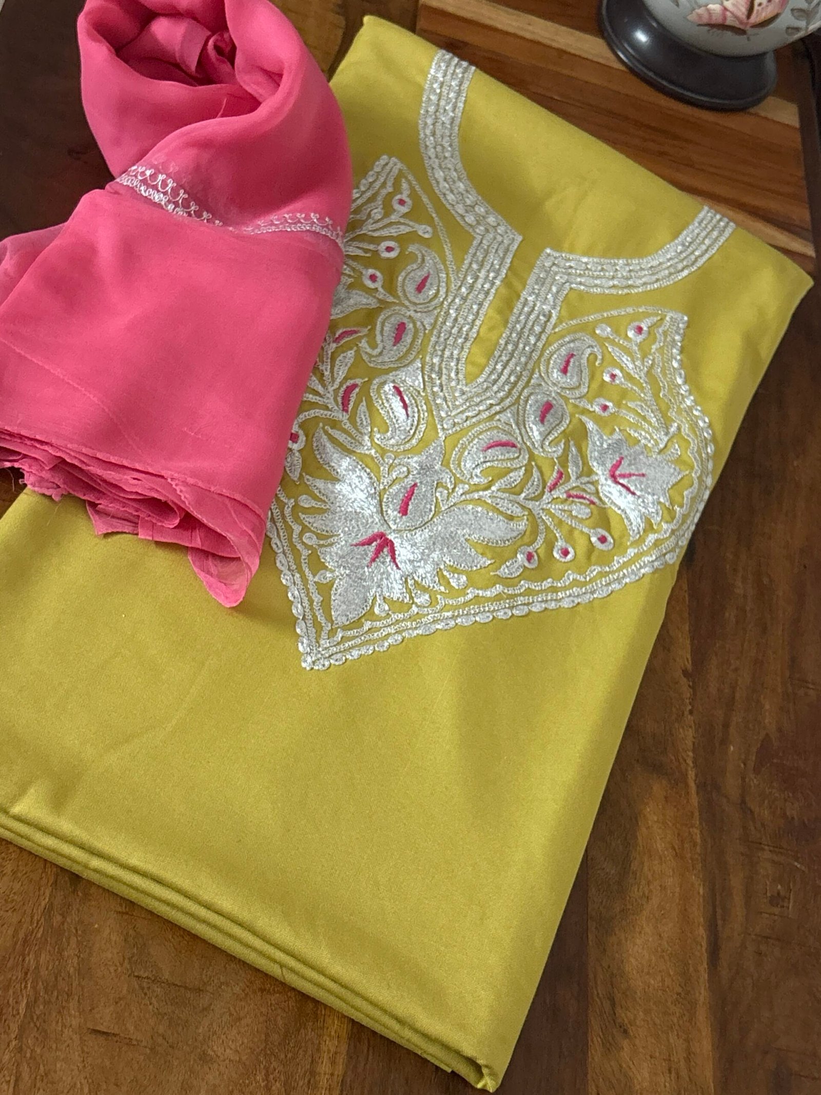 Tilla Embroidery Woollen Spun Salwar Suits with Chiffon Dupatta by Ikhtirah