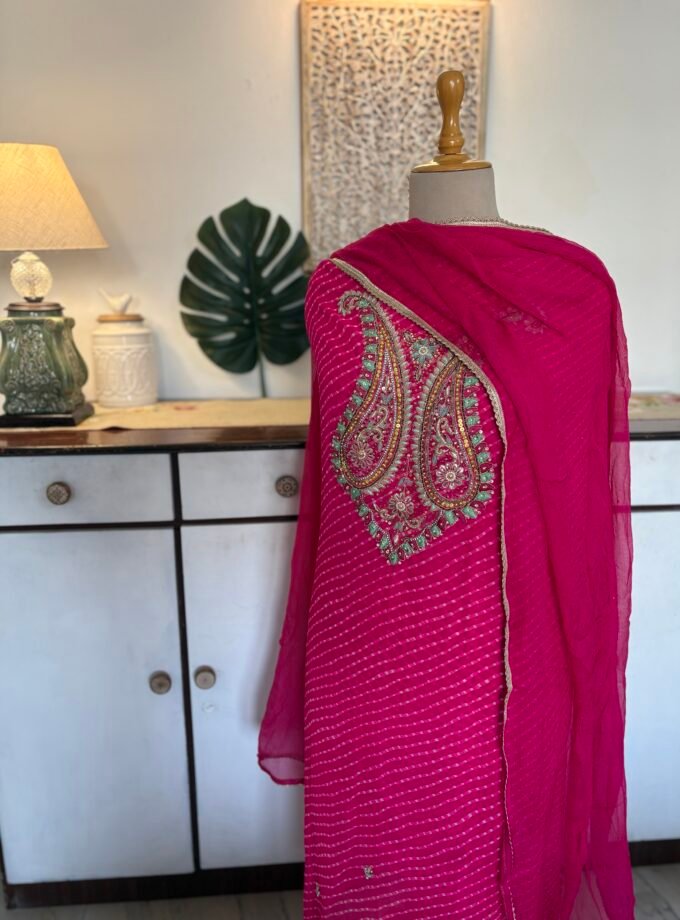 Hand Embroidered Leheriya Georgette Salwar by Ikhtirah