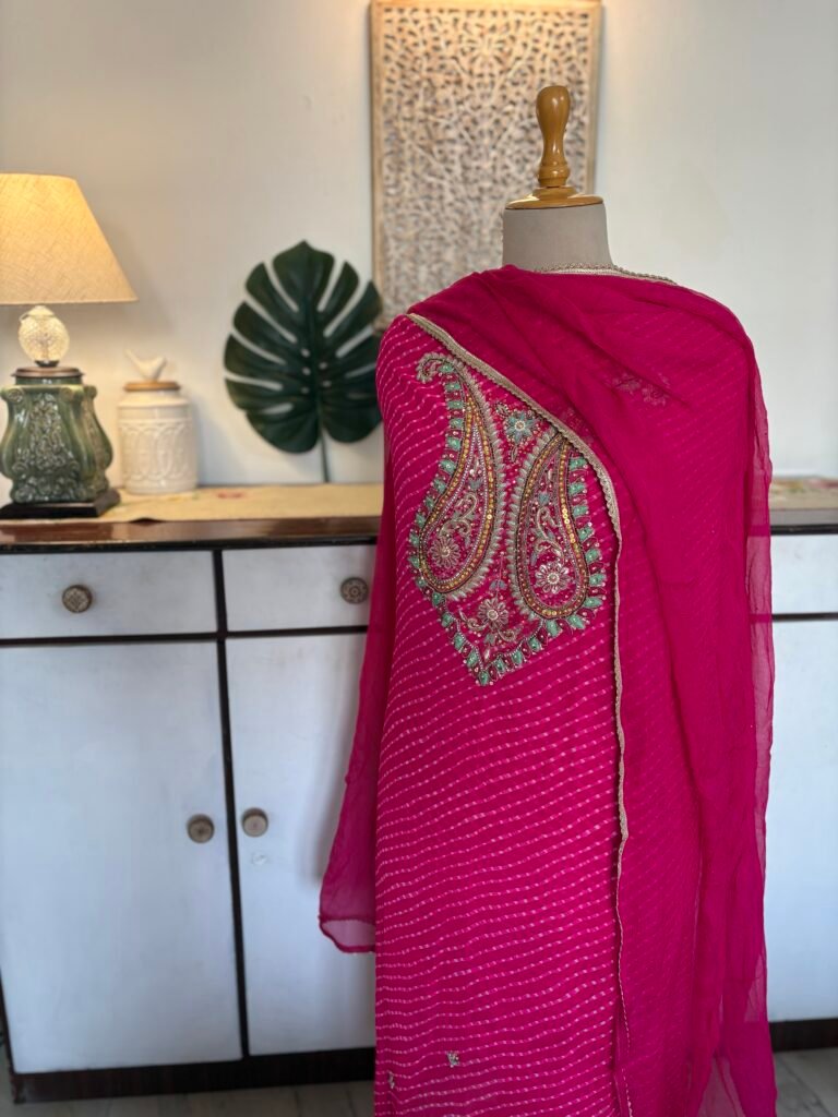 Hand Embroidered Leheriya Georgette Salwar by Ikhtirah
