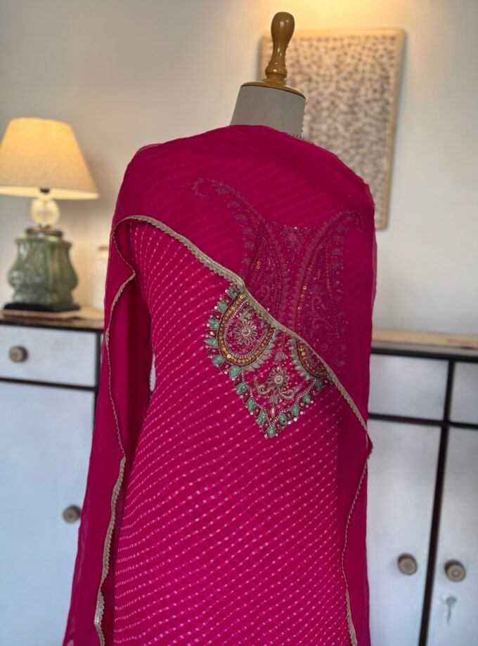 Hand Embroidered Leheriya Georgette Salwar by Ikhtirah