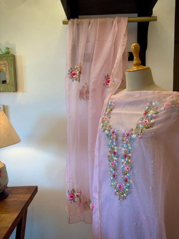 Hand Embroidered 3D Floral Organza by Organza Salwars by Ikhtirah  (Pink)