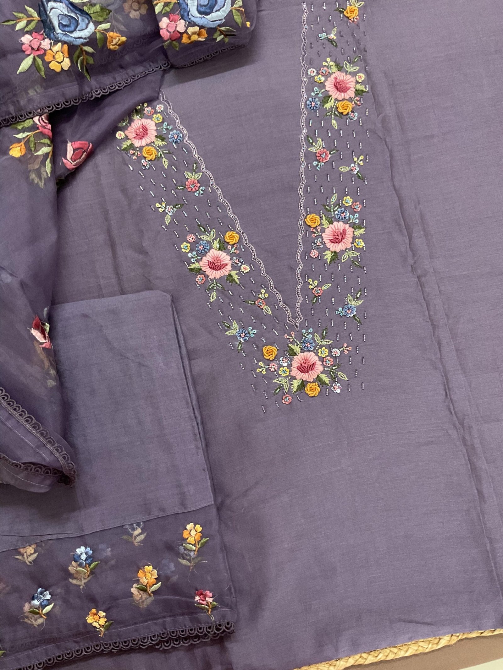 Fine Soft Chanderi Salwars with Hand highlights and Embroidery on Kameez, Organza Dupatta and Lowers by Ikhtirah - Image 2