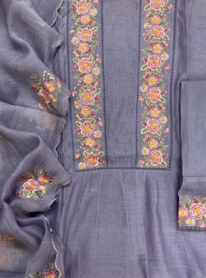 Fine Mul Chanderi Salwars with Hand highlights and Embroidery on Kameez, Dupatta and Lowers by Ikhtirah
