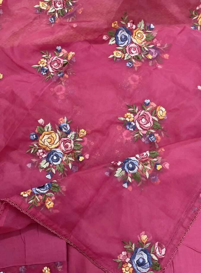 Fine Soft Chanderi Salwars with Hand highlights and Embroidery on Kameez, Organza Dupatta and Lowers by Ikhtirah