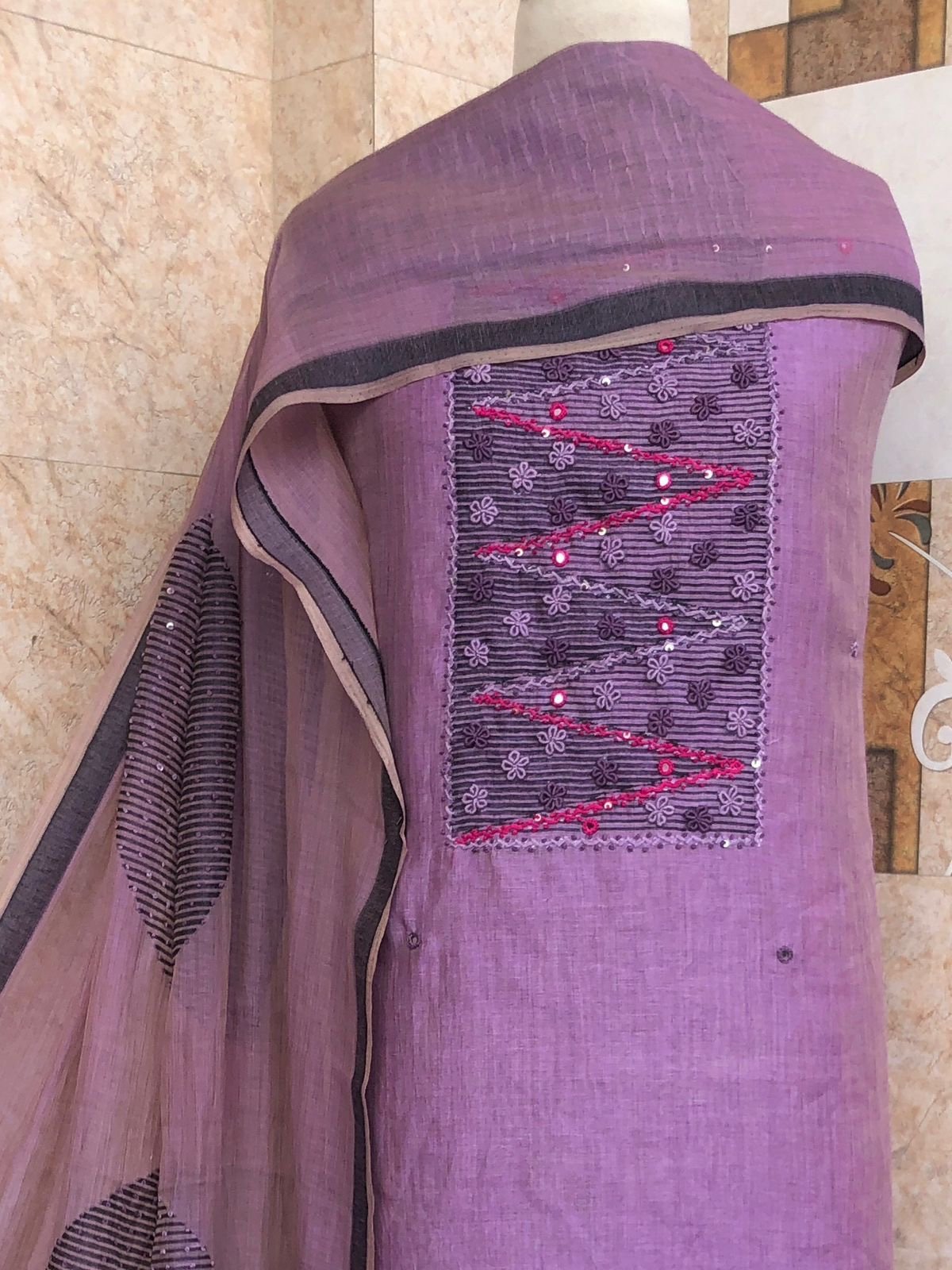 HandEmbroidered Soft Chanderi Jamdaani Salwars by Ikhtirah (Lavender) - Image 2