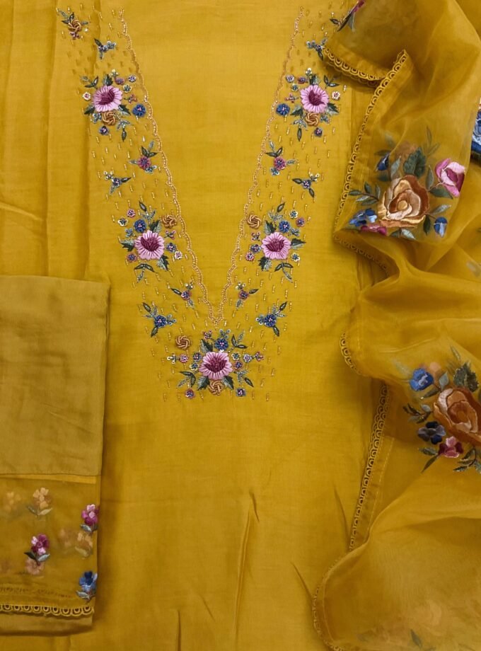 Fine Soft Chanderi Salwars with Hand highlights and Embroidery on Kameez, Organza Dupatta and Lowers by Ikhtirah