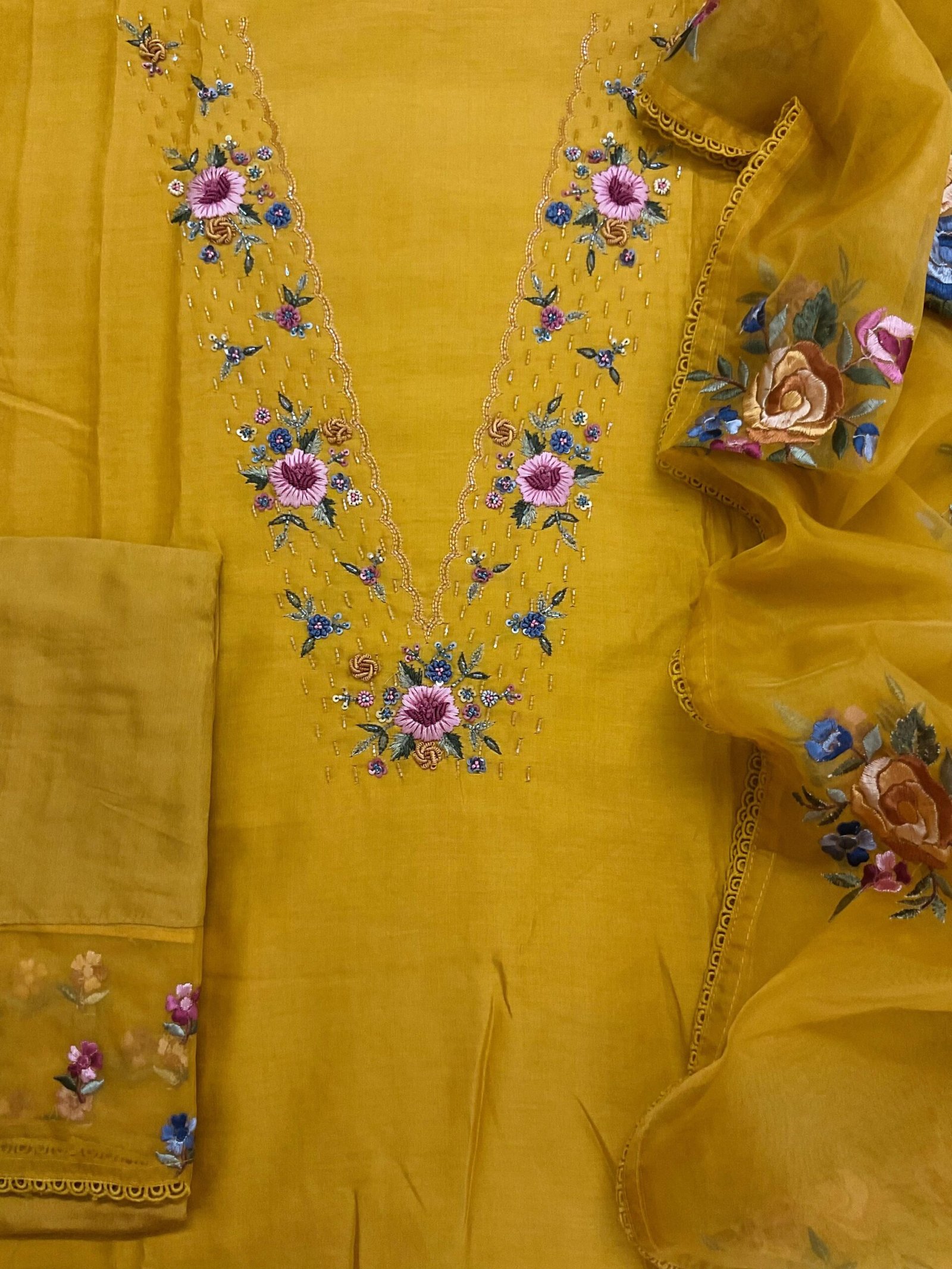 Fine Soft Chanderi Salwars with Hand highlights and Embroidery on Kameez, Organza Dupatta and Lowers by Ikhtirah - Image 4