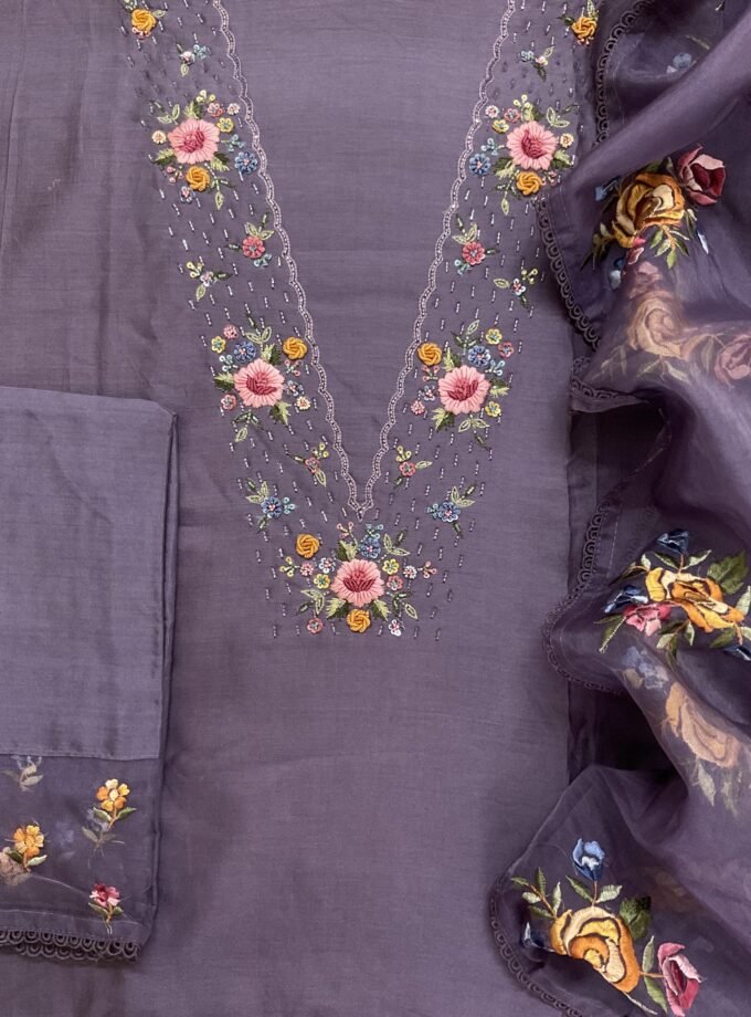 Fine Soft Chanderi Salwars with Hand highlights and Embroidery on Kameez, Organza Dupatta and Lowers by Ikhtirah