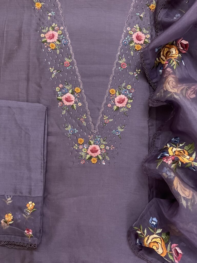 Fine Soft Chanderi Salwars with Hand highlights and Embroidery on Kameez, Organza Dupatta and Lowers by Ikhtirah