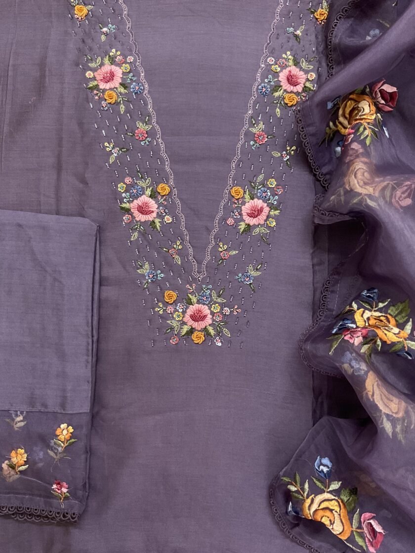 Fine Soft Chanderi Salwars with Hand highlights and Embroidery on Kameez, Organza Dupatta and Lowers by Ikhtirah