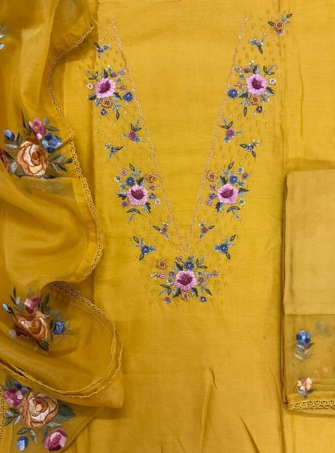 Fine Soft Chanderi Salwars with Hand highlights and Embroidery on Kameez, Organza Dupatta and Lowers by Ikhtirah