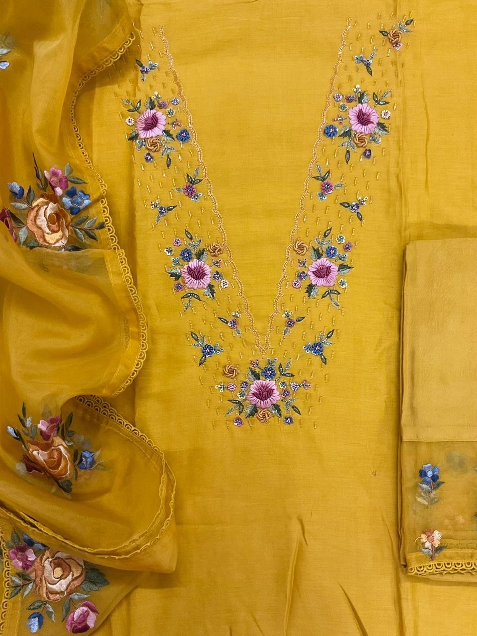 Fine Soft Chanderi Salwars with Hand highlights and Embroidery on Kameez, Organza Dupatta and Lowers by Ikhtirah