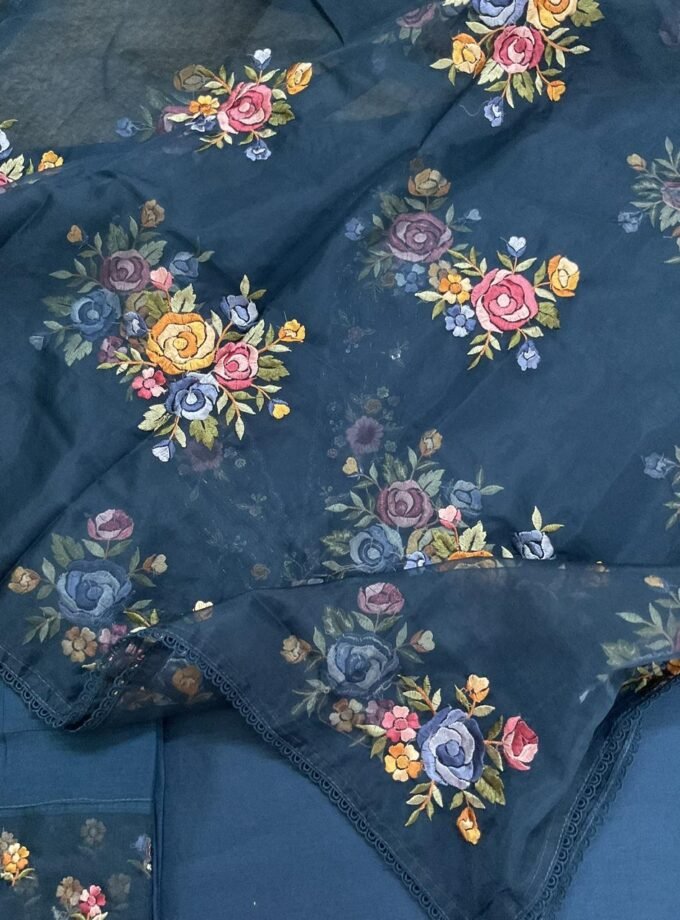 Fine Soft Chanderi Salwars with Hand highlights and Embroidery on Kameez, Organza Dupatta and Lowers by Ikhtirah