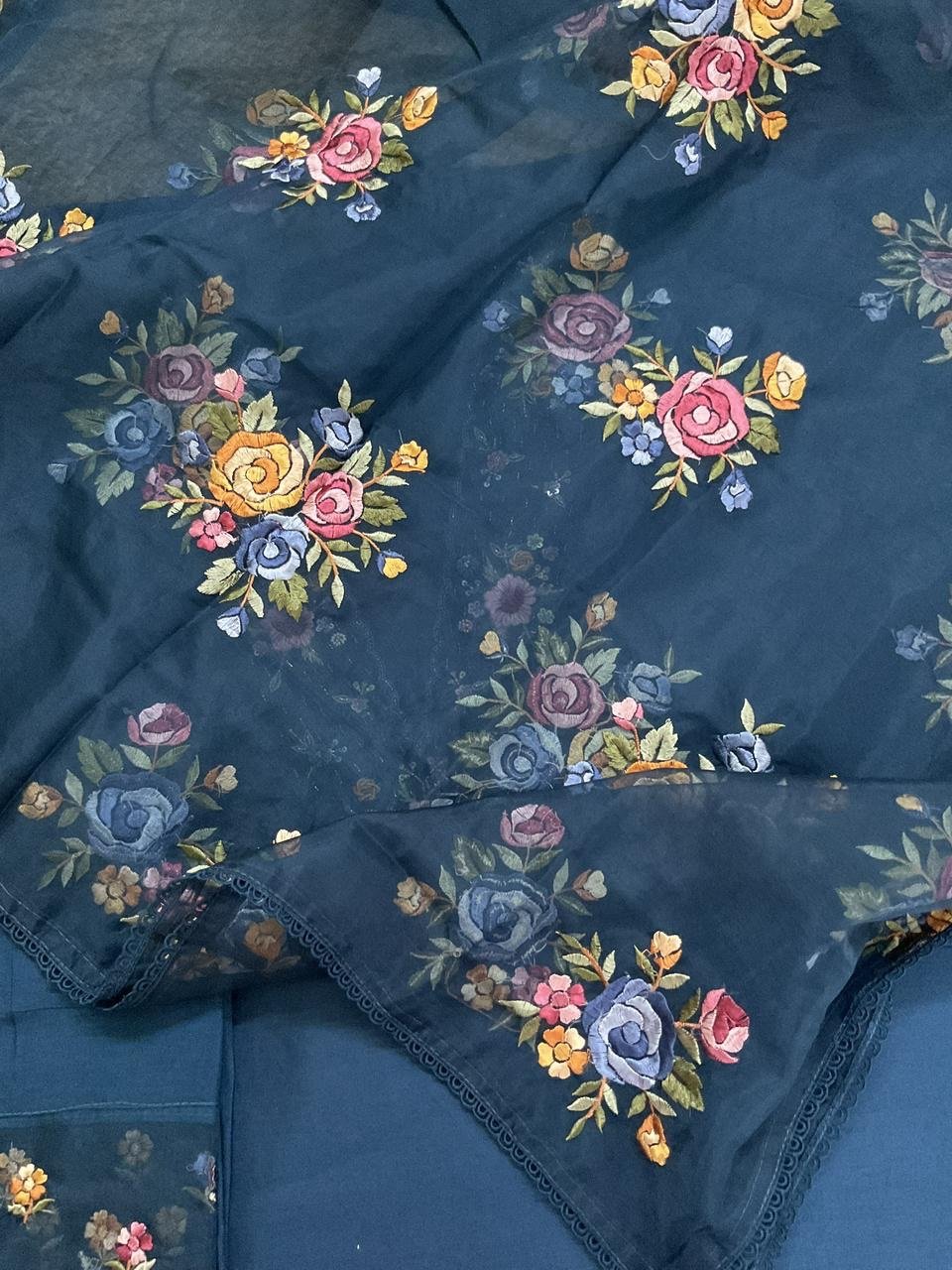 Fine Soft Chanderi Salwars with Hand highlights and Embroidery on Kameez, Organza Dupatta and Lowers by Ikhtirah - Image 4